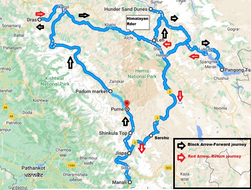 Road Map of Manali Zansker Kargil Ladakh Manali Ride